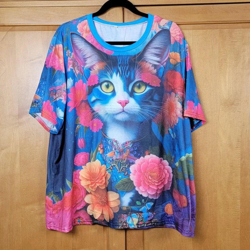 Colorful Kitten and Flowers Tee Shirt - 5XL - Picture 1 of 4